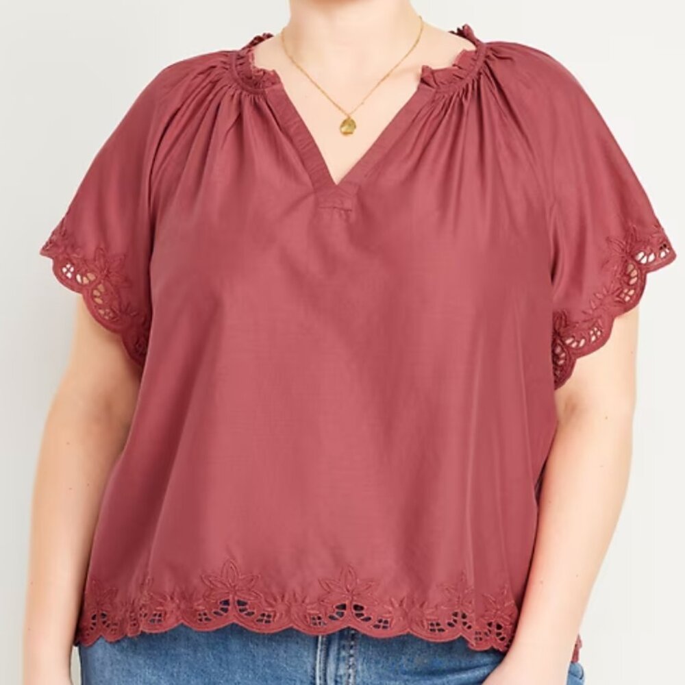 NWOT Old Navy Embroidered Split-Neck Top Pink 3X